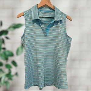 Y2K Aspire Sleeveless Collared Blue Striped V Neck Top Polo Golf Tee Size L
